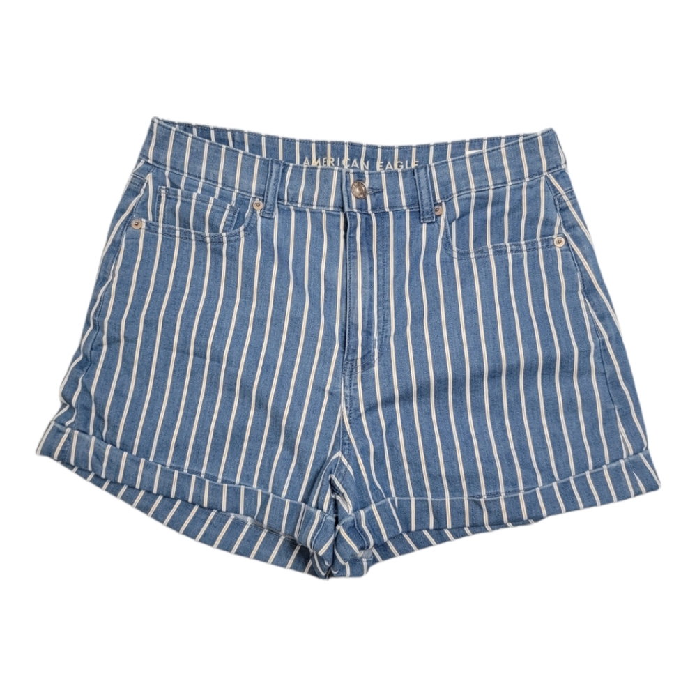 American Eagle Striped Mom Shorts Size 8 Blue White Summer Vacation Preppy‎